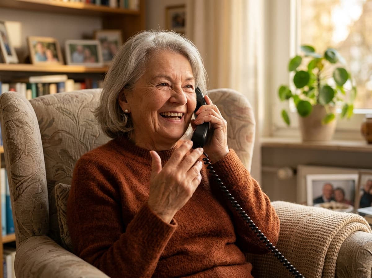 Zufriedene Seniorin am Telefon
